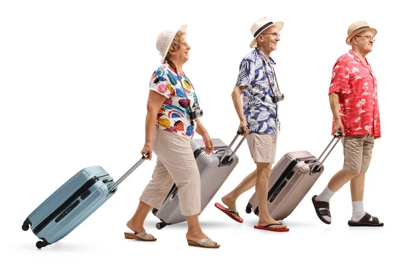 白い背景に隔離されたスーツケースとシニア観光客の完全な長さのプロフィールショット — ストック写真
