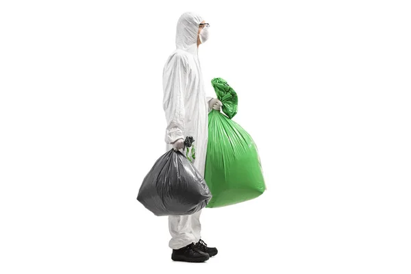 Full Length Profile Shot Man Protective Suit Holding Waste Bags — Stock Photo, Image