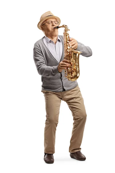 Full Length Portret Van Een Oudere Musisican Spelen Een Saxofoon — Stockfoto