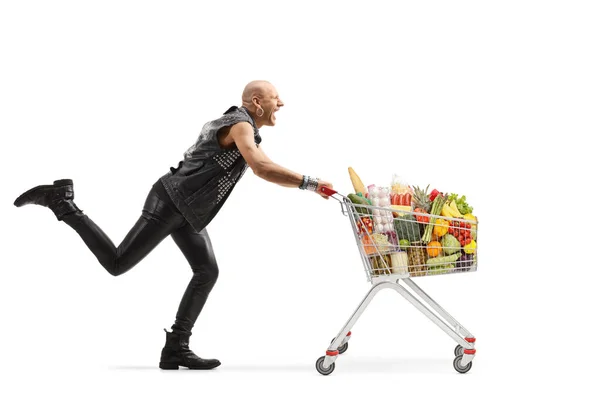 Full Length Profile Shot Crazy Punk Running Pushing Shopping Cart — Zdjęcie stockowe