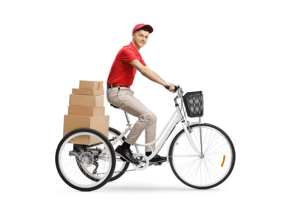 Entrega Cara Montando Triciclo Entregando Caixas Isoladas Fundo Branco — Fotografia de Stock