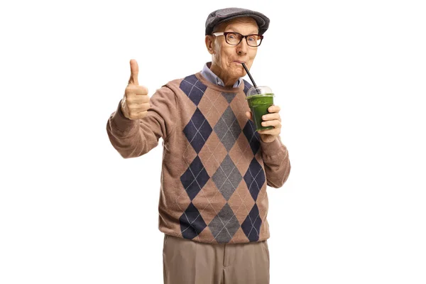 Senior Man Drinking Healthy Green Smoothie Showing Thumbs Isolated White — Stock Photo, Image