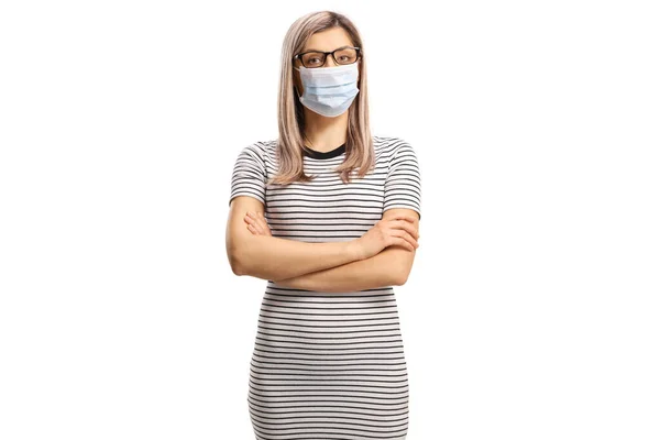 Giovane Donna Che Indossa Una Maschera Medica Protettiva Isolata Sfondo — Foto Stock