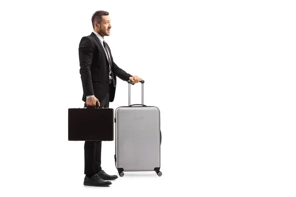 Ganztägige Profilaufnahme Eines Geschäftsmannes Mit Einem Koffer Auf Weißem Hintergrund — Stockfoto
