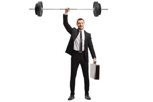Full Length Portrait Businessman Lifting Weights One Hand Isolated White — Stock Photo, Image