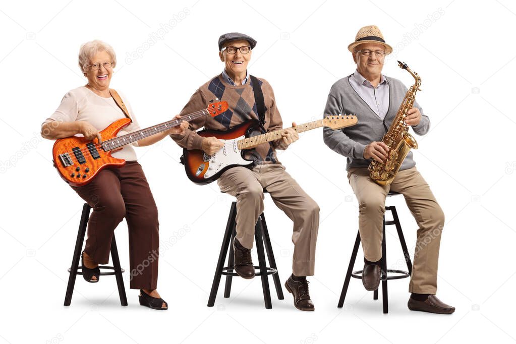 Elderly people sitting and playing musical instruments isolated on white background