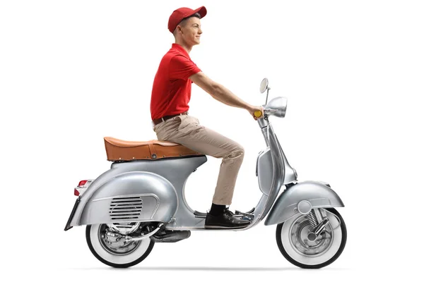 Full Length Shot Delivery Guy Riding Scooter Isolated White Background — Stock Photo, Image