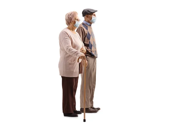 Full Length Profile Shot Senior Couple Walking Cane Wearing Medical — Zdjęcie stockowe