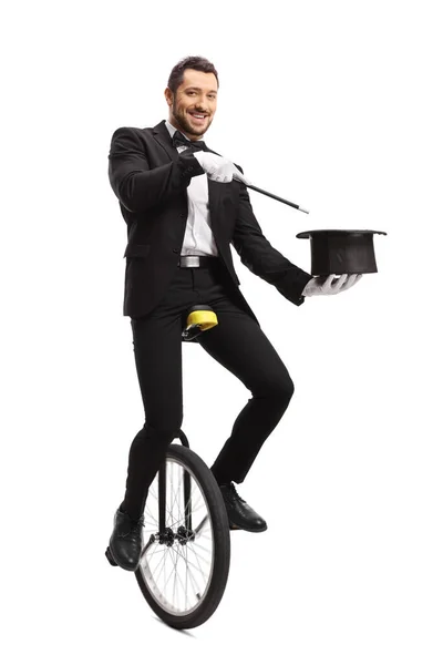 Full Length Portrait Magician Unicycle Performing Hat Trick Isolated White — Stock Photo, Image