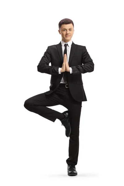 Full Length Portrait Young Guy Suit Standing Yoga Pose Isolated — Stock Photo, Image