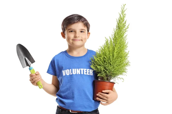 Niño Voluntario Sosteniendo Una Planta Una Pala Aislada Sobre Fondo —  Fotos de Stock