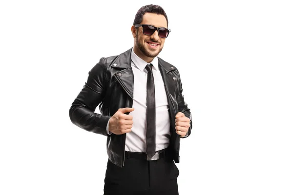 Young Handsome Man Wearing Leather Jacket Sunglasses Isolated White Background — Stock Photo, Image