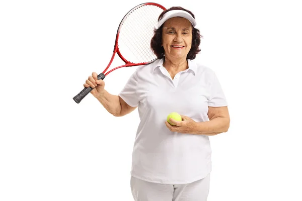 Mujer Mayor Con Raqueta Tenis Pelota Tenis Aislada Sobre Fondo —  Fotos de Stock