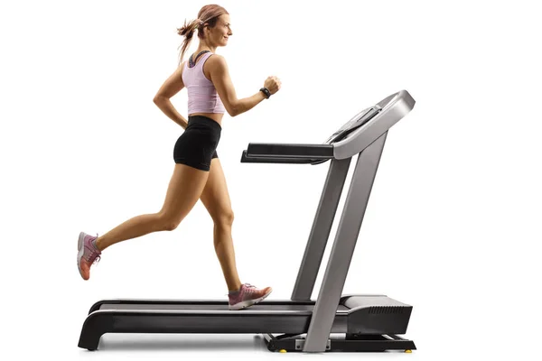 Full Length Porofile Shot Fit Muscular Woman Running Treadmill Isolated — Stock Photo, Image