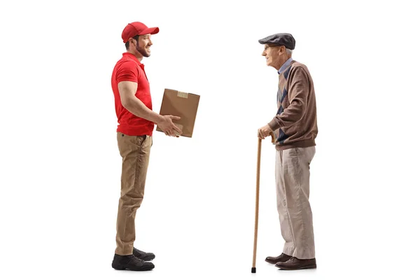 Full Length Portrait Delivery Man Delivering Box Senior Man Isolated — Stock Photo, Image