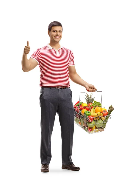 Portrait Complet Jeune Homme Souriant Fruits Légumes Dans Panier Isolé — Photo