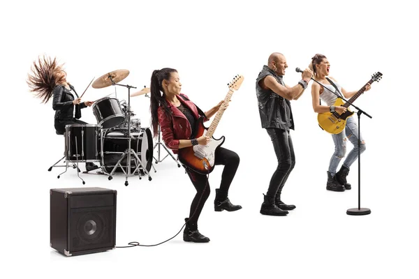 Рок Группа Гитаристами Дружиной Певцом Белом Фоне — стоковое фото