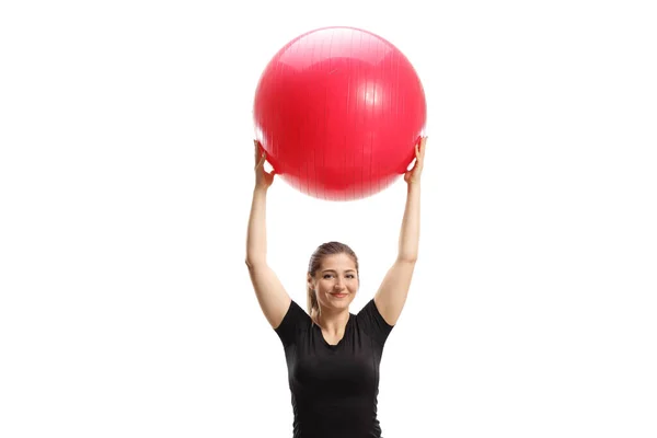 Mulher Exercendo Com Uma Bola Fitness Isolada Fundo Branco — Fotografia de Stock