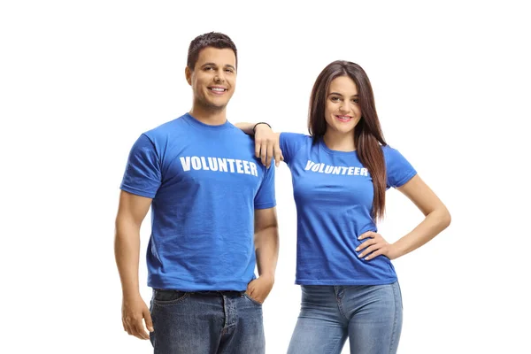 Jóvenes Voluntarios Camisetas Azules Posando Aislados Sobre Fondo Blanco —  Fotos de Stock