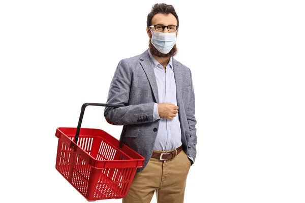 Tıbbi Maske Takan Sakallı Bir Adam Beyaz Arka Planda Izole — Stok fotoğraf