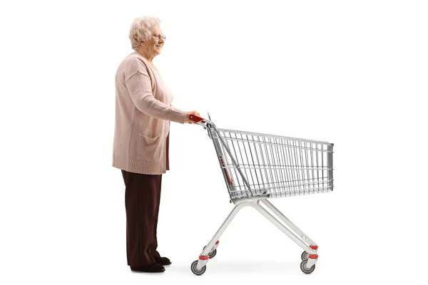 Full Length Shot Elderly Woman Empty Shopping Cart Isolated White — Stock Photo, Image