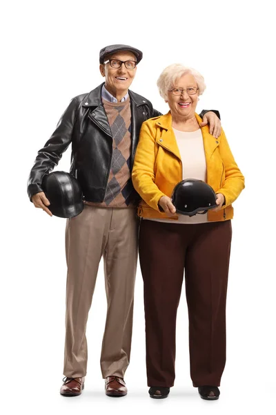 Full Length Portrait Senior Couple Standing Holding Helmets Isolated White — Stock Photo, Image