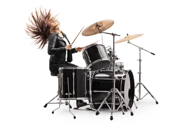 Schlagzeugerin Spielt Schlagzeug Und Wirft Die Haare Isoliert Auf Weißem — Stockfoto