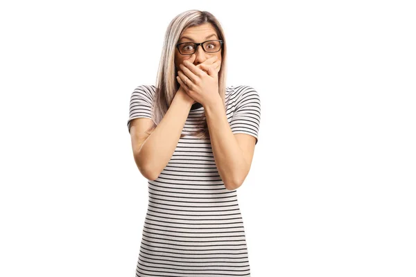 Ashamed Surprised Young Woman Covering Her Mouth Isolatd White Background — Stock Photo, Image