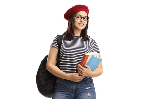 Vrouwelijke Student Met Boeken Geïsoleerd Witte Achtergrond — Stockfoto