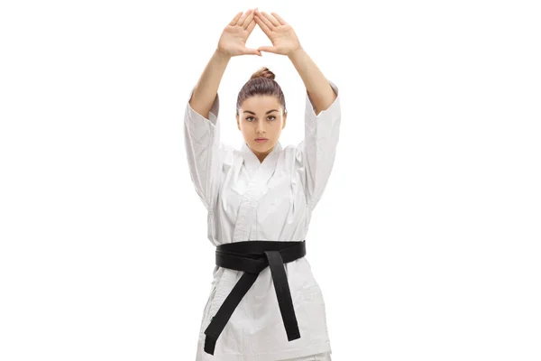 Donna Che Pratica Karate Isolato Sfondo Bianco — Foto Stock