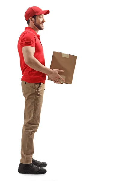 Full Length Profile Shot Delivery Man Holding Box Isolated White — Stock Photo, Image