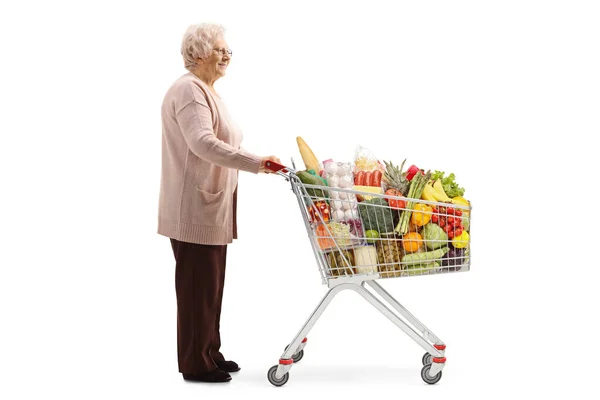 Foto Perfil Completo Una Anciana Con Carrito Lleno Comida Aislada — Foto de Stock