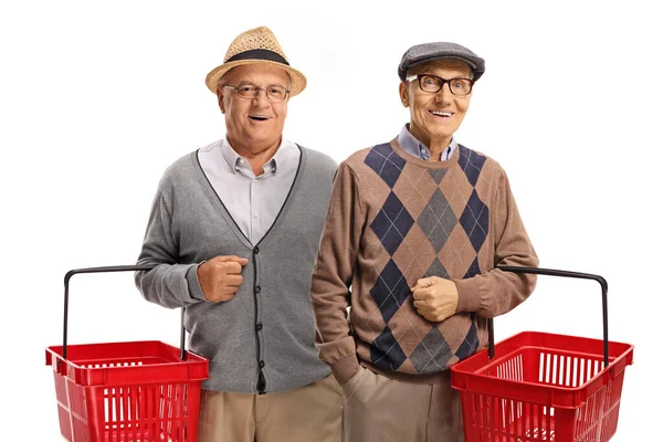 Homens Idosos Felizes Com Cestos Compras Isolados Fundo Branco — Fotografia de Stock