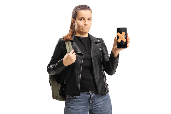 Разочарованная Студентка Сломанным Мобильным Телефоном Штукатурками Экране Изолированы Белом Фоне — стоковое фото