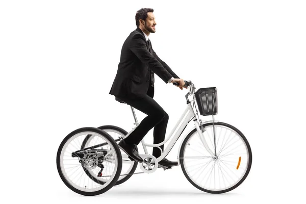 Affärsman Rida Trehjuling Isolerad Vit Bakgrund — Stockfoto
