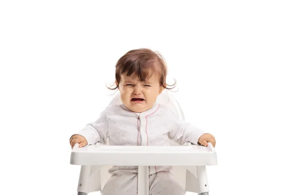 Baby Zitten Een Kinderstoel Huilen Geïsoleerd Witte Achtergrond — Stockfoto