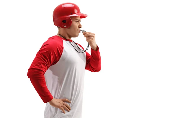 Profile Shot Baseball Coach Using Whistle Isolated White Background — Stock Photo, Image