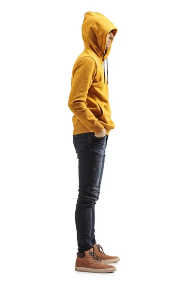 Full Length Profile Shot Guy Wearing Yellow Hood Isolated White — Stock Photo, Image