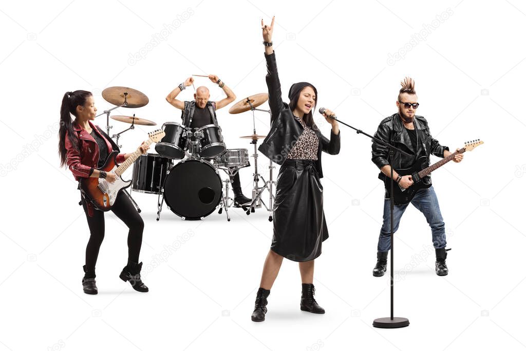 Female singer, male and female guitar players and a drummer in a band isolated on white background