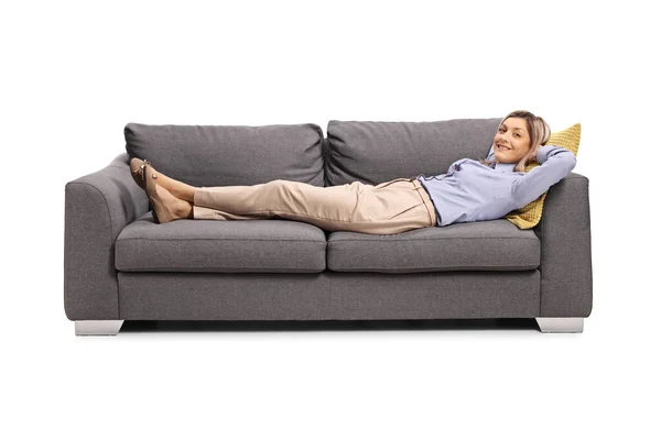 Wanita Bahagia Beristirahat Sofa Setelah Bekerja Terisolasi Latar Belakang Putih — Stok Foto