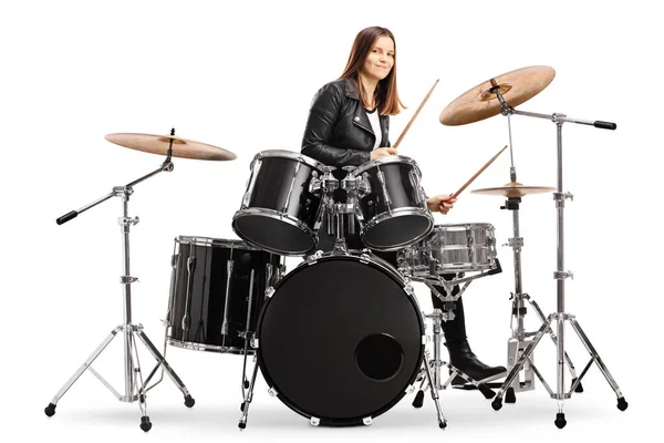 Young Female Drummer Playing Drums Isolated White Backgroun — Stock Photo, Image