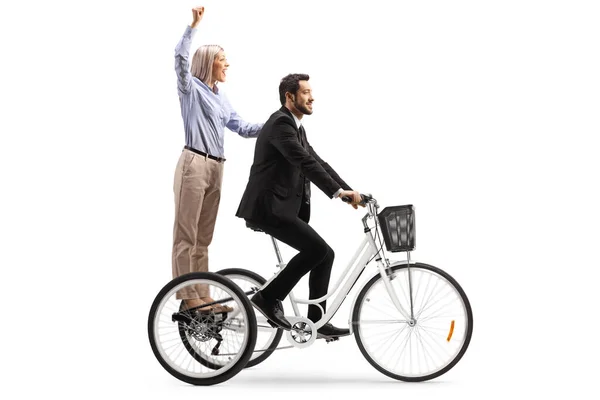 Femme Heureuse Chevauchant Sur Tricycle Avec Homme Affaires Isolé Sur — Photo