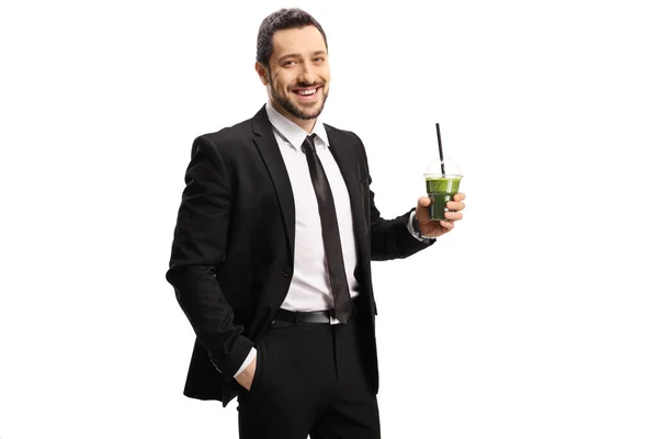 Empresário Segurando Uma Bebida Smoothie Verde Isolado Fundo Branco — Fotografia de Stock