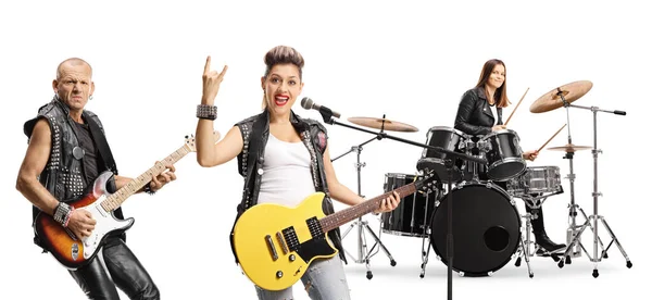 Two Female One Male Musician Rock Band Performing Isolated White — Stock Photo, Image