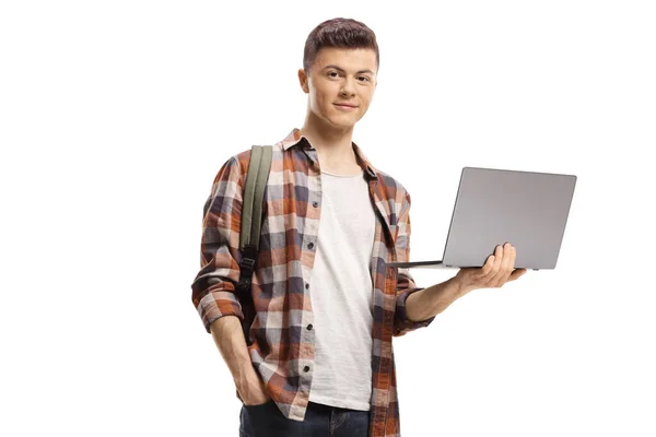 Студент Держит Ноутбук Компьютер Смотрит Камеру Изолированы Белом Фоне — стоковое фото