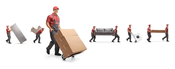 Männliche Arbeiter Tragen Möbel Und Kisten Auf Einem Handwagen Isoliert — Stockfoto