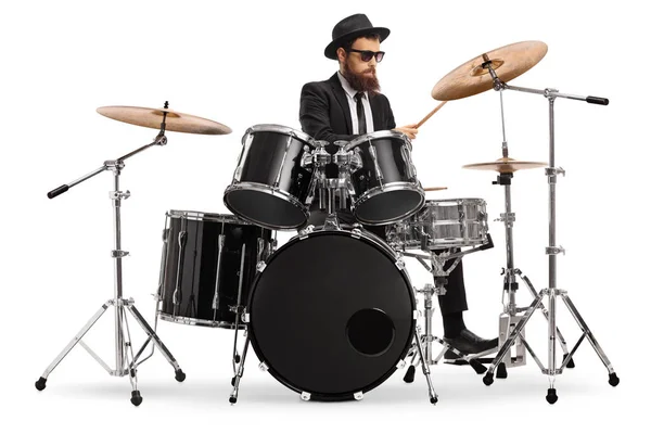 Elegante Mannelijke Muzikant Spelen Drums Geïsoleerd Witte Achtergrond — Stockfoto