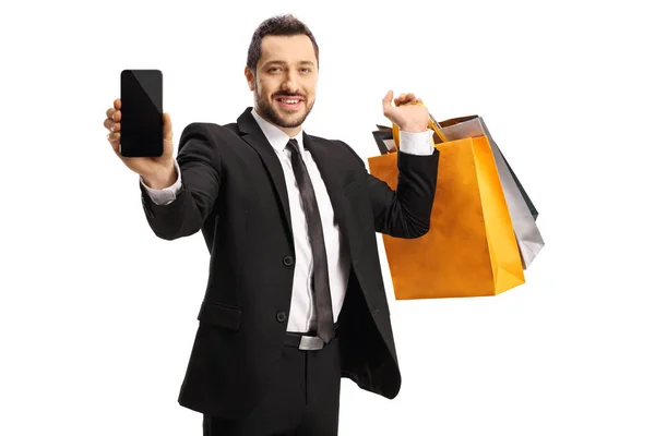 Jeune Homme Affaires Beau Avec Des Sacs Provisions Téléphone Portable — Photo