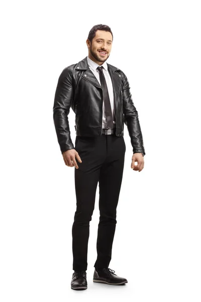 Full Length Portrait Young Handsome Young Man Wearing Leather Jacket — Stock Photo, Image