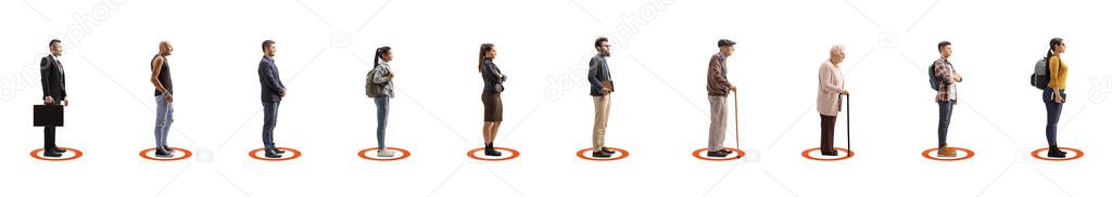 People waiting in line and standing inside circles drawn representing social distancing isolated on white background